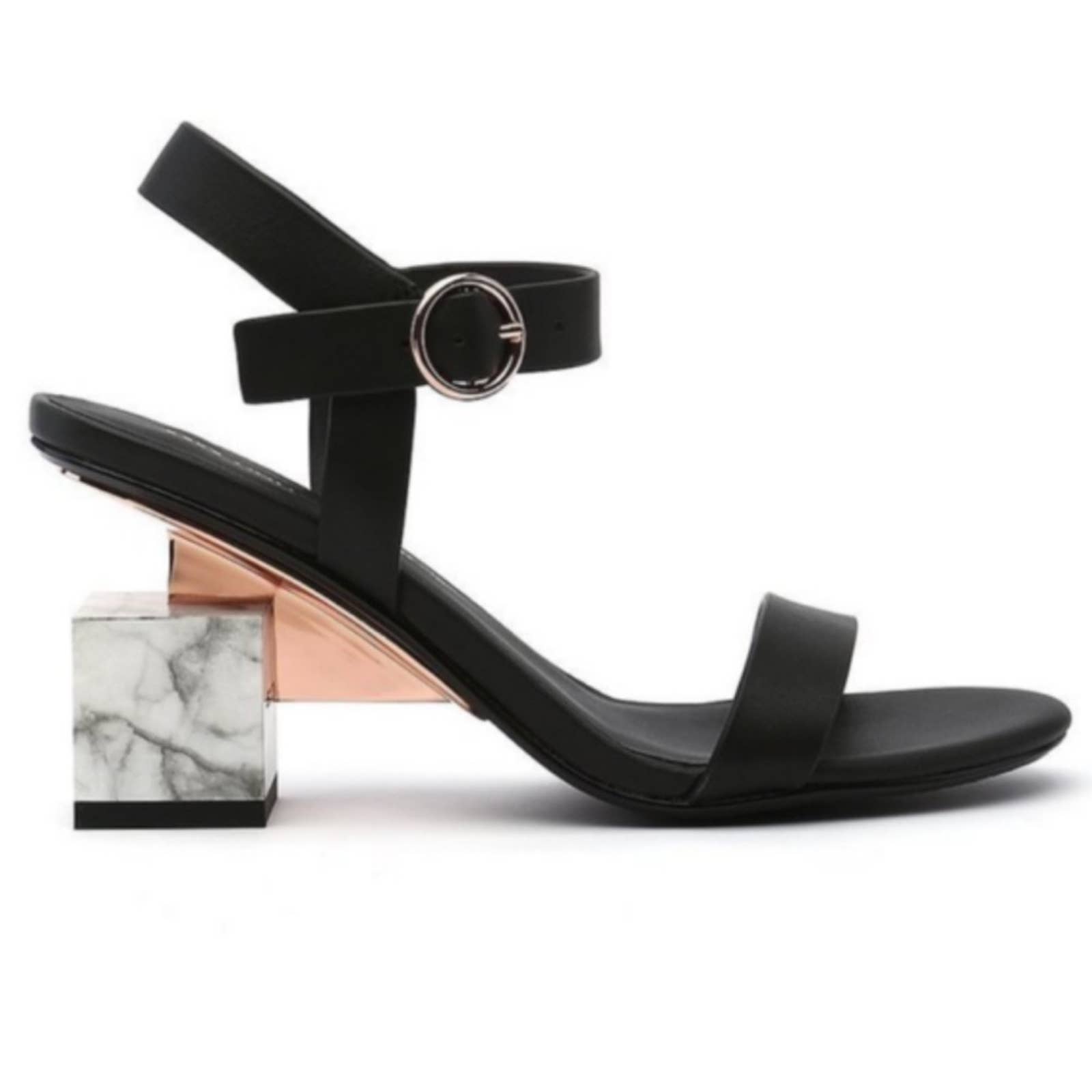 Black Ankle-Strap Block Heel Sandals With Marble Accent